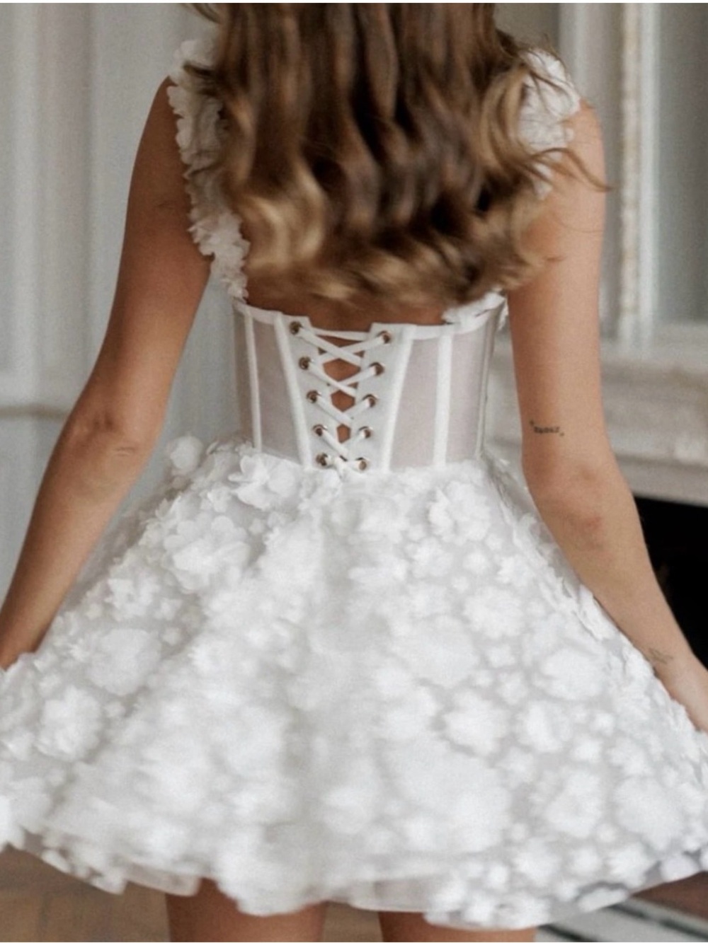 Bridal White 3D Floral Appliqué Mini Dress - Picture 2 of 4